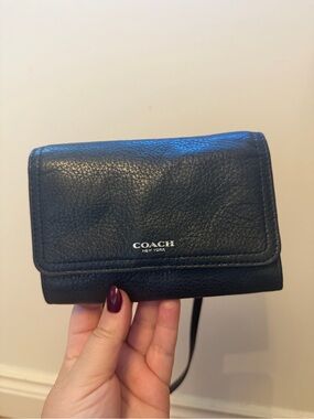 Coach Black Pebbled Leather Compact Wallet Crossbody Bag